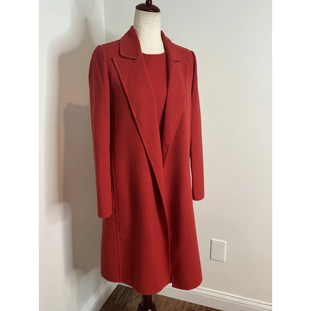 Lafayette 148 NY 2Pc Red Wool Longline Duster Coat Sz P & Sheath Dress Sz 0 Set
